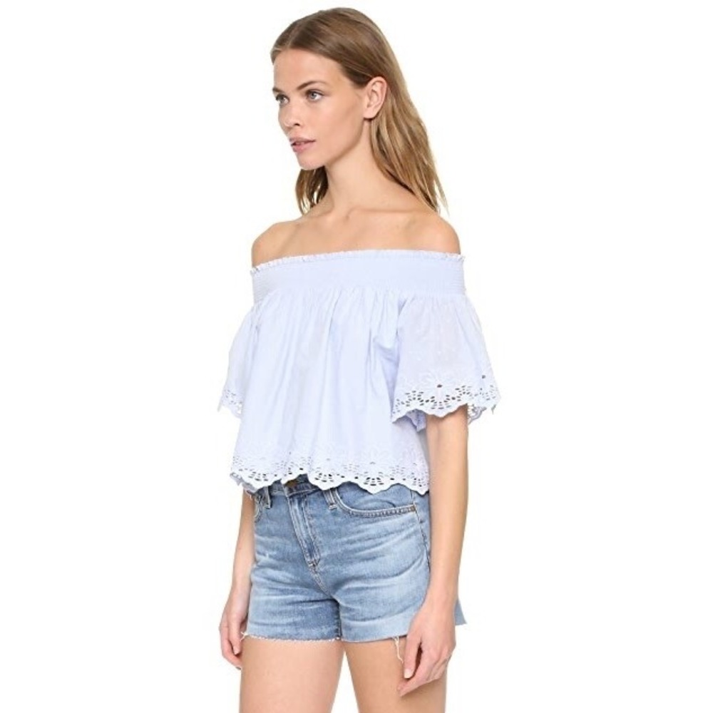 Tularosa NWT Womens Blue Swiss Dot Eyelet Off Shoulder Crop Top Size M